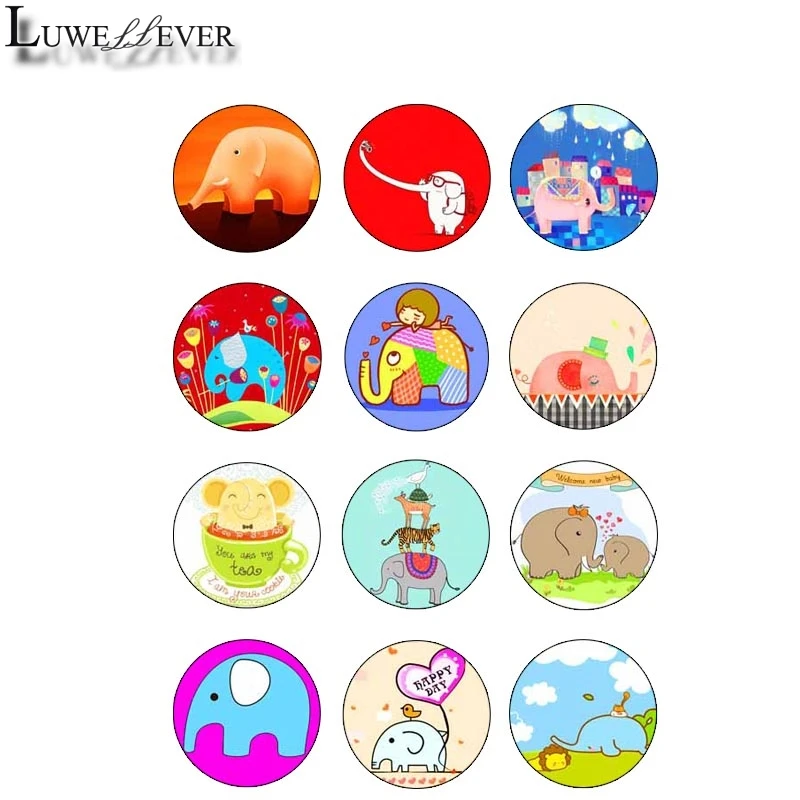 

10mm 14mm 16mm 12mm 20mm 25mm 366 12pcs/lot Elephant Round Glass Cabochons Jewelry Findings 18mm Snap Button Charm Bracelet