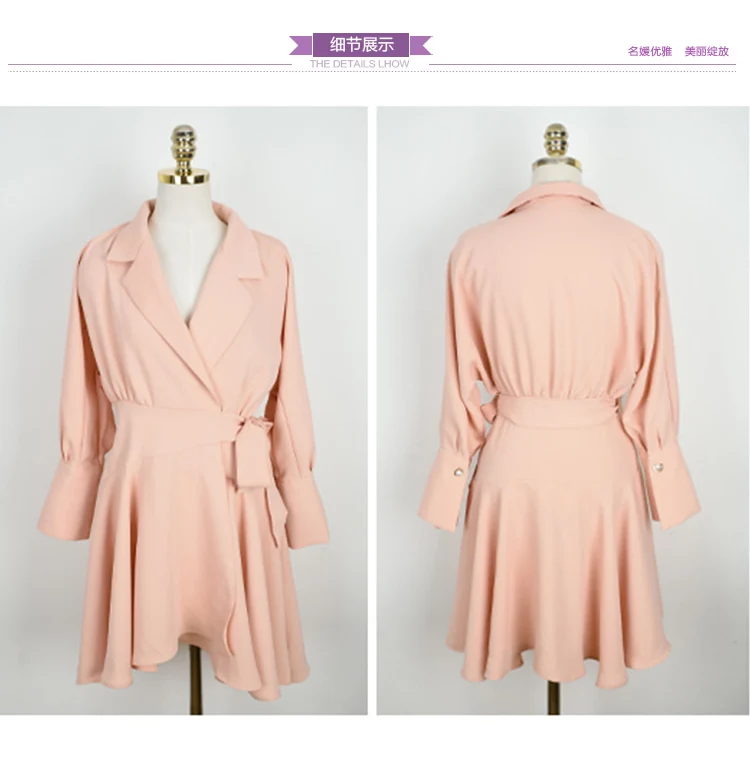 

TDVICTORY Autumn Women Pink Ball Gown Mini Dress 2019 Korean Fashion Long Sleeve Bow Notched Collar Casual Slim OL Dress