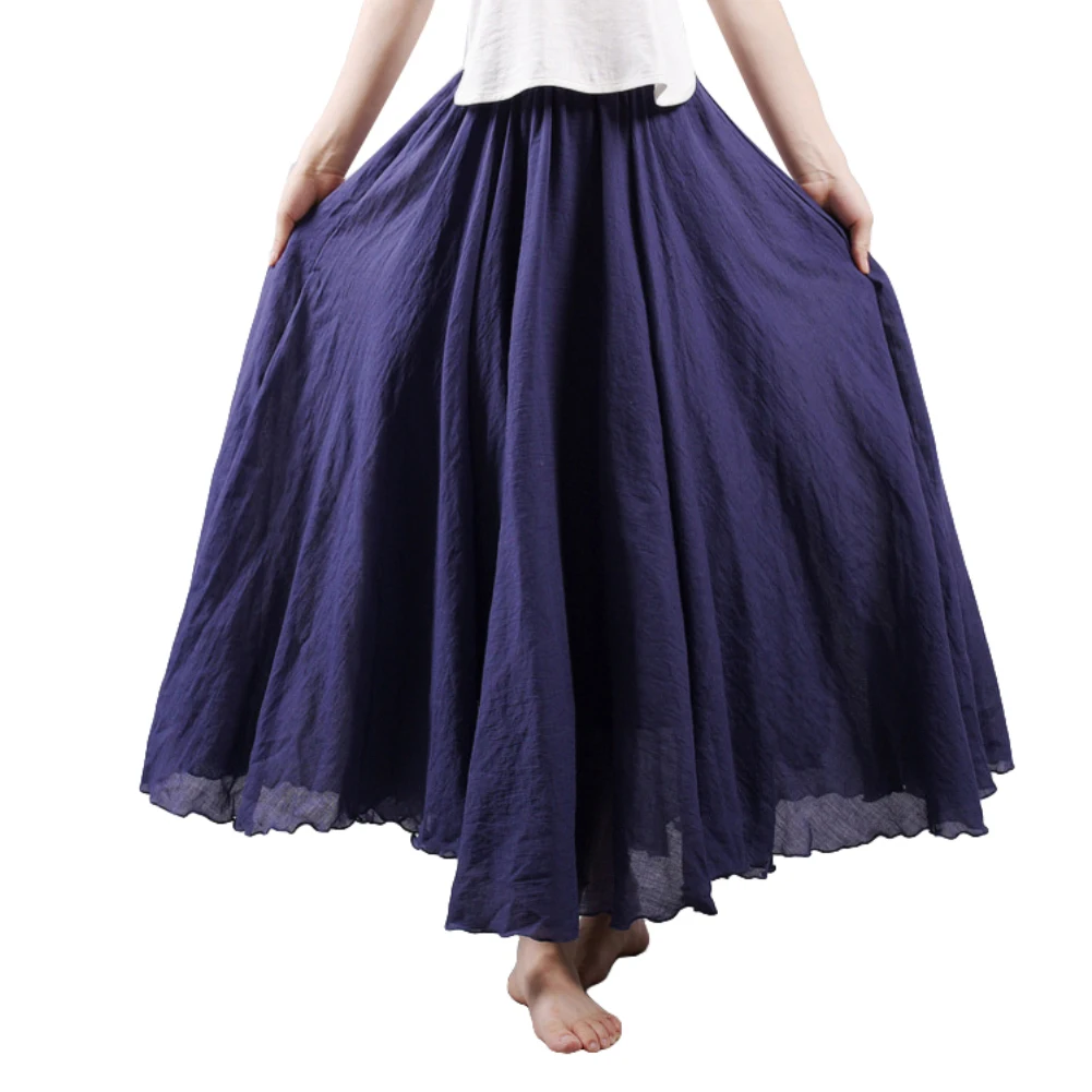 Navy Blue Летняя Пляжная однотонная женская эластичная талия из хлопка и льна трапециевидная юбка макси - Цвет: Navy Blue