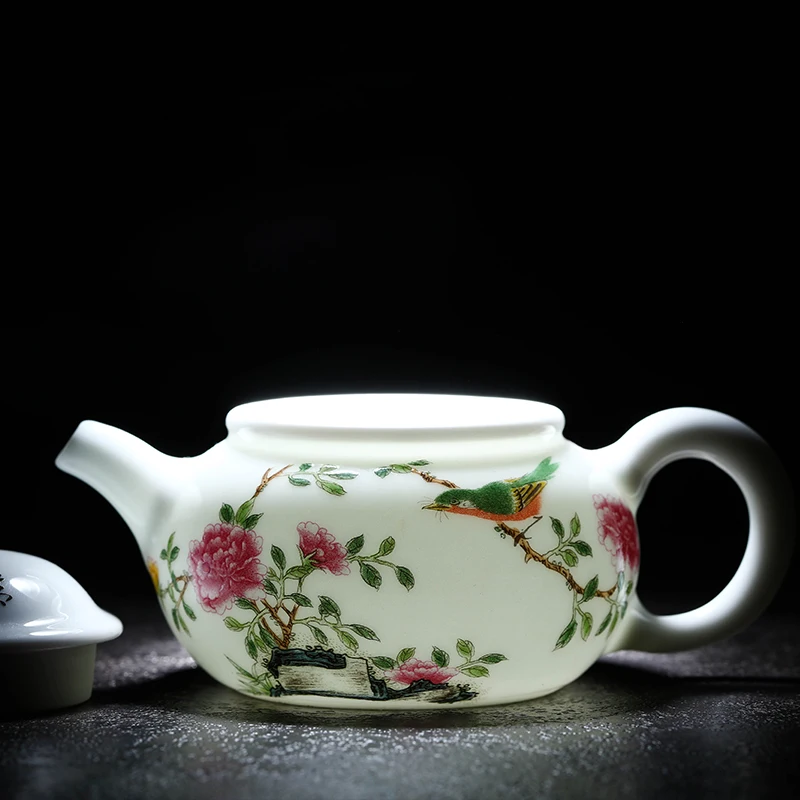 Цзиндэчжэнь ручной работы черный чайный горшок пастельный цветок и птица кунг-фу