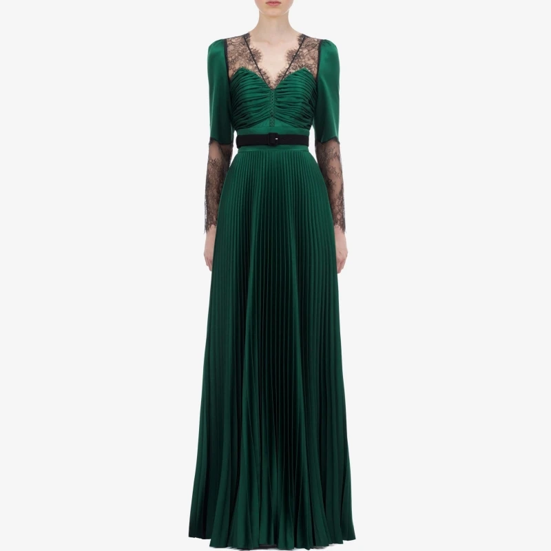 Женское винтажное длинное платье макси зеленое бархатное кружевное в стиле