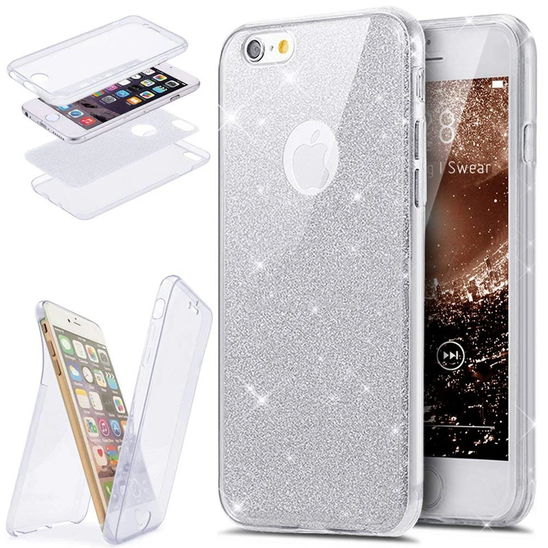 2 in 1 360 Full-Body Protection Glitter Slim TPU Case for Coque iPhone 7 8 Plus 6 6S X 10 Funda Double Face Protector Cover |