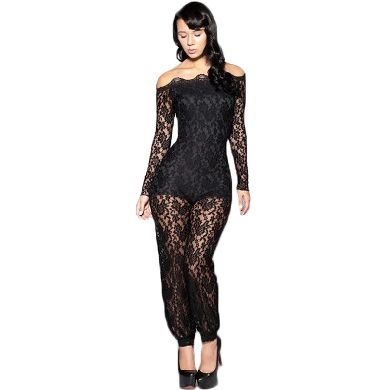 

Women Lace Floral Black Long Sleeve Jumpsuit Romper Clubwear Sexy Off Shoulder Slash Neck Playsuit Bodycon Party Trousers Female