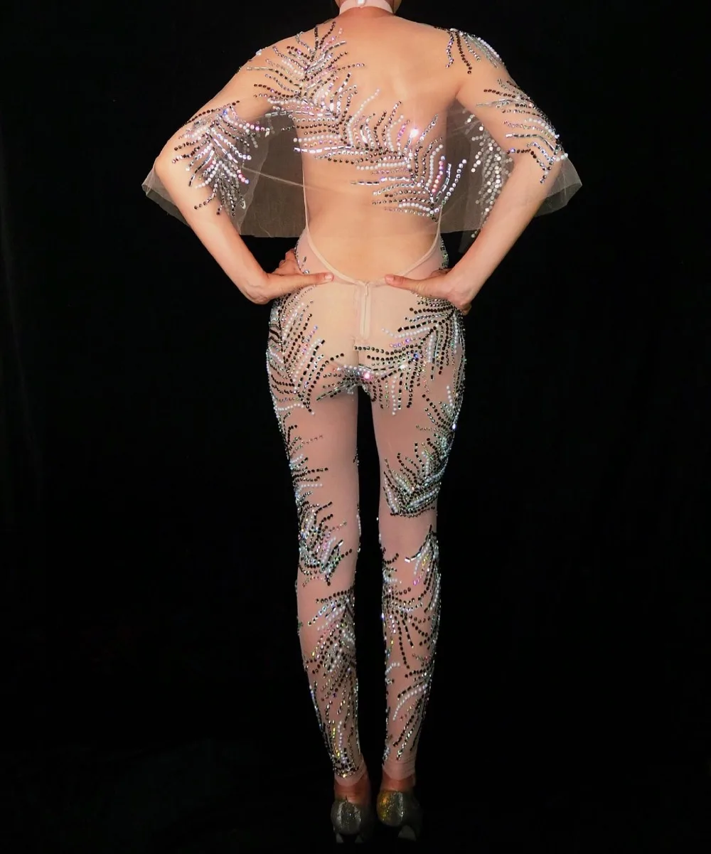 

2018 Women Perspective Backless Jumpsuit Sparkly Crystals Stretch Mesh Bodysuit Model Catwalk Nightclub DJ Singer Stage Costume