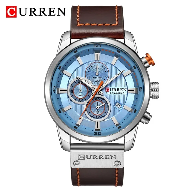 Brown Silver Blue Топ бренд CURREN хронограф мужские часы военные кварцевые часы мужские спортивные кожаные водонепроницаемые наручные часы 8291 Relogio Masculino - Цвет: Brown Silver Blue