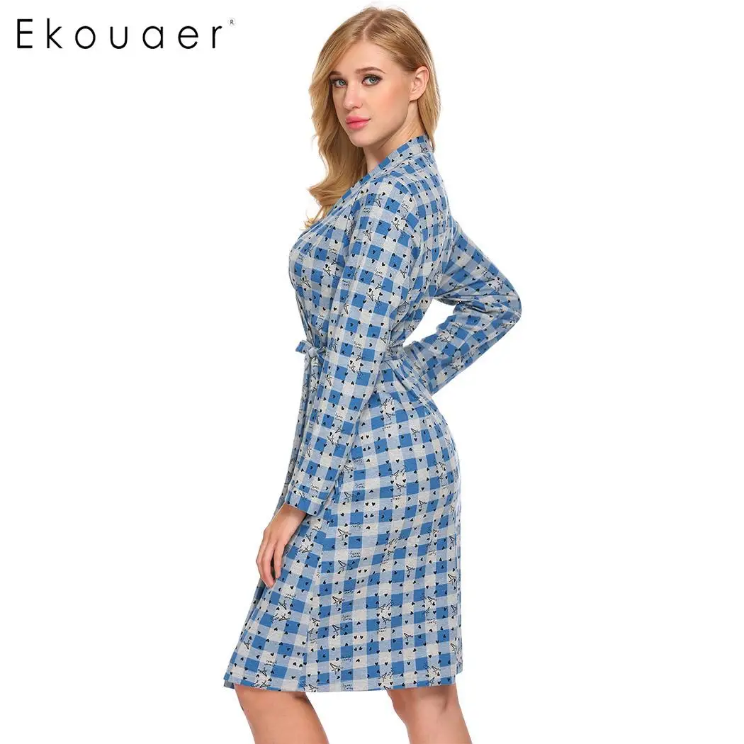 Ekouaer 100% хлопковый Халат женский халат ночная рубашка в клетку с длинным рукавом