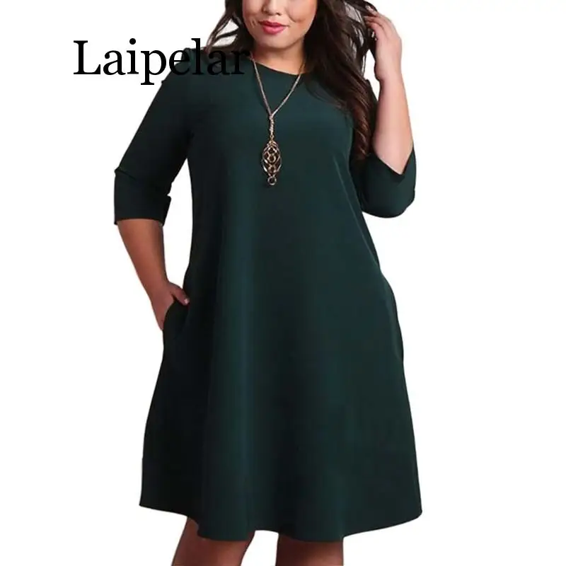 

Laipelar Big Size Dresses Office Ladies Plus Size Casual Loose Autumn Dress Pockets Green Red Fashion Dress Women Clot