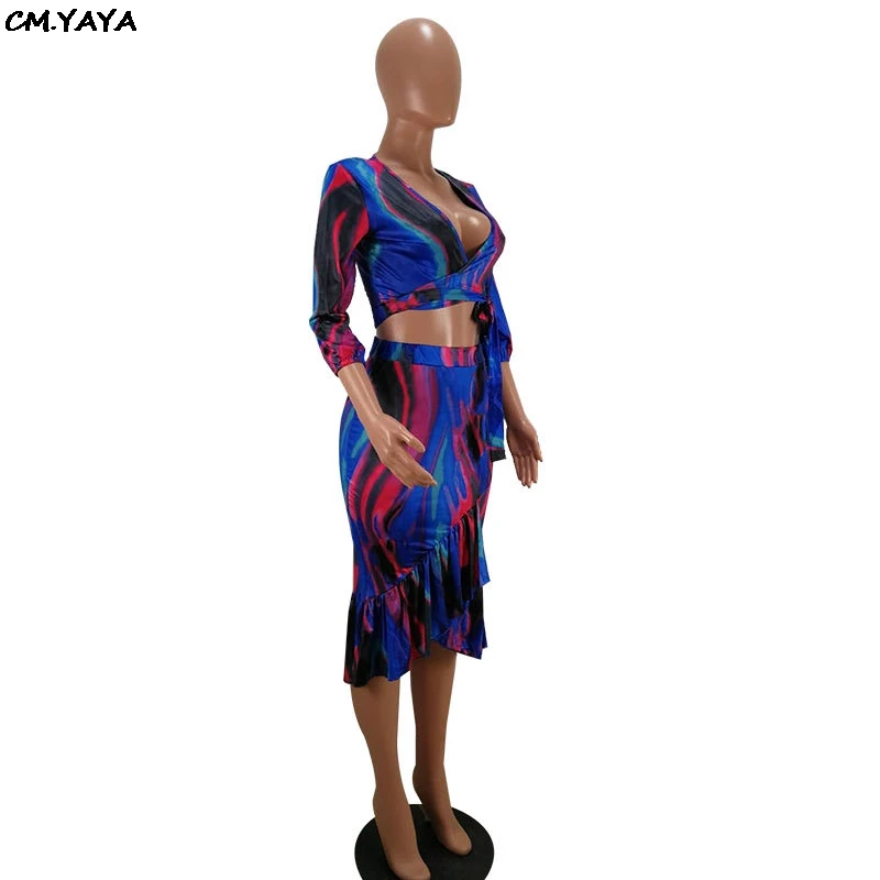 Женский укороченный топ в полоску с v образным вырезом и оборками юбка средней