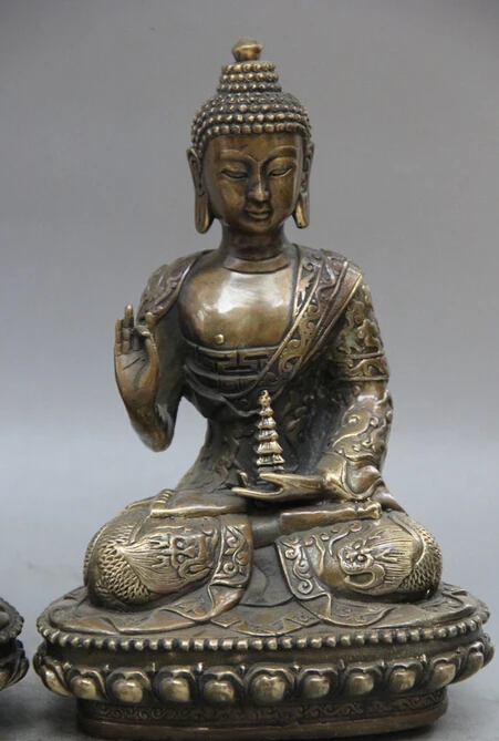 9 &quotТибет Медь Шакьямуни Амитабха дракон халат западные 3 статуя Будды набор r0710