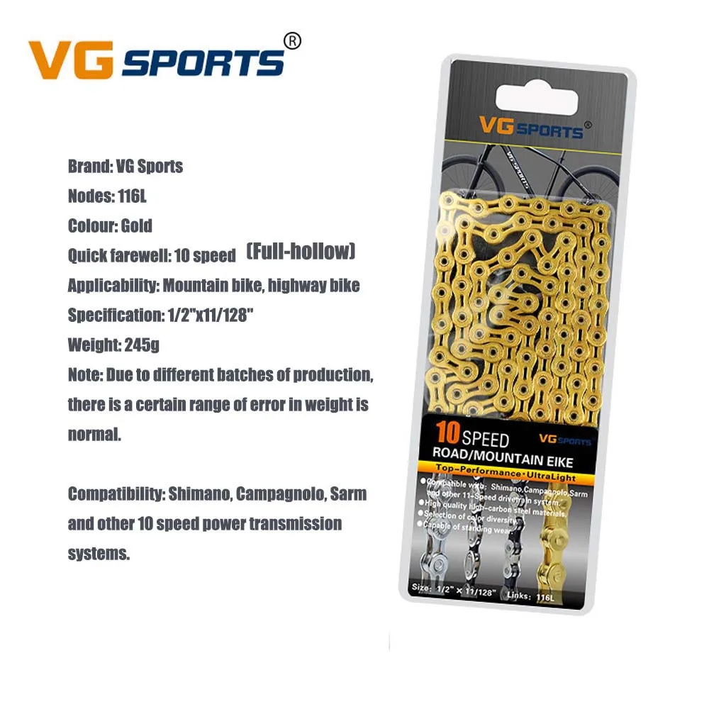 10S Full-hollow Gold MTB Bicycle Chain 8 9 10 11 Speed Road Bike Full Hollow Chain Mountain Bike Half Hollow Chain Golden Silver Colour VG Sports - Цвет: 10S Full-hollow Gold