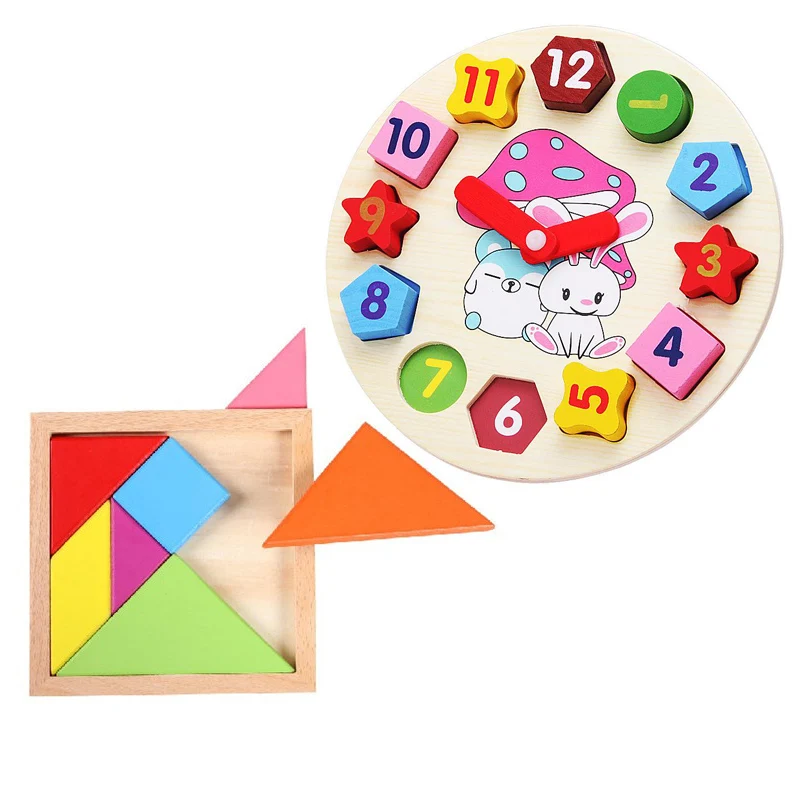 clock and 7pcs Детские деревянные развивающие 7 шт. геометрические Tangram головоломки Обучающие игрушки деревянная цифровая часовая головоломка WYQ - Цвет: clock and 7pcs
