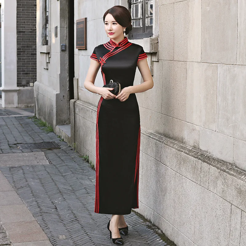 Черное винтажное платье Femme Slim Cheongsam Современные длинные платья Qi Pao женское традиционное китайское платье в восточном стиле халат Ципао - Цвет: black