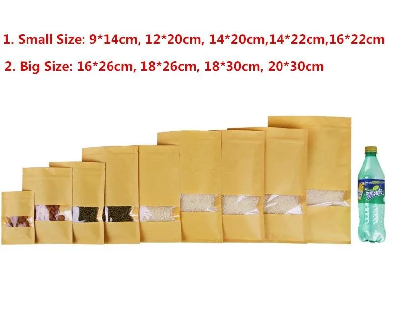 

100pcs/lot-9size Zipper top Flat pouch Kraft paper bag with clear window for dried food nuts candy packaging Party Gift bags