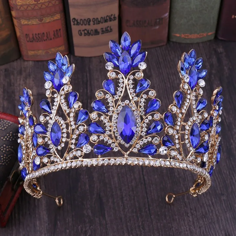 Gold Blue Свадебная Корона-Тиара в стиле барокко, розовое золото, кристалл, большие стразы, диадема, вуаль, тиара, свадебная повязка на голову, аксессуары для волос - Окраска металла: Gold Blue