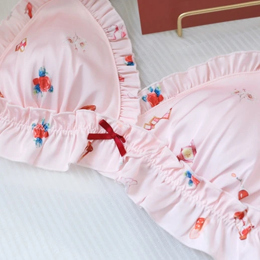 pink flower SP& CITY/комплект с бюстгальтером в стиле Лолиты с милой клубникой и бантиком, волнистый кружевной бюстгальтер без косточек, бесшовный бюстгальтер, женское белье, шелковые атласные трусы, нижнее белье - Цвет: pink flower