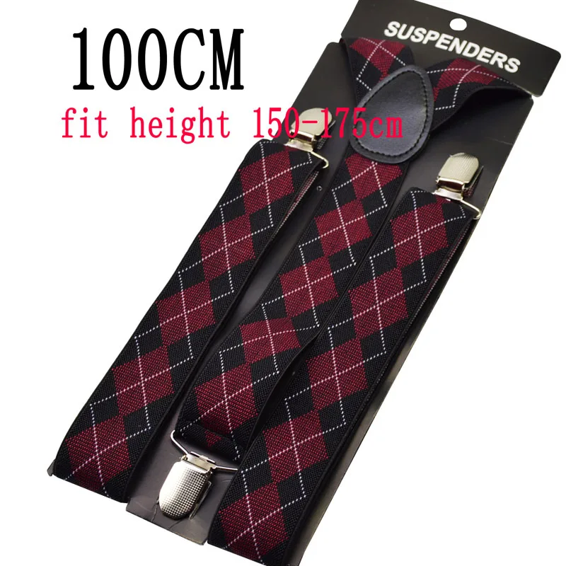 100cm 120 см мужские подтяжки 3,5 см широкий женский большой размер подтяжки 3 клип на Y-Back плед черный вино красный подтяжки эластичные BY13 - Цвет: 100cm