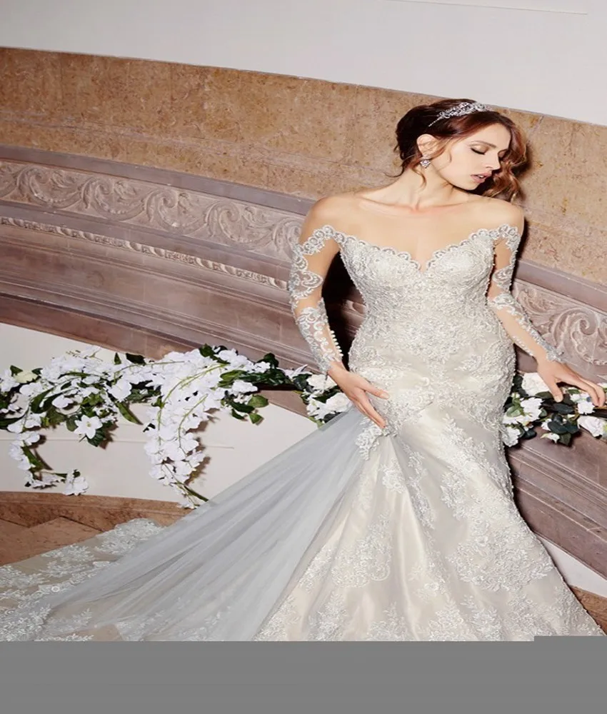 

New Fashionable Mermaid Lace Wedding Dress Sexy Sheer Appliques Long Sleeve Vestido De Noiva High Quality Bridal Dresses