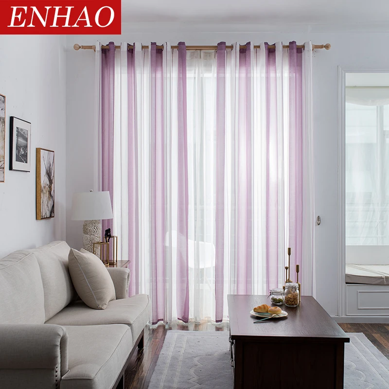 ENHAO Simplicity Striped Modern Tulle Curtains for Living Room Bedroom Kitchen Linen Window Voile Sheer Curtain | Дом и сад
