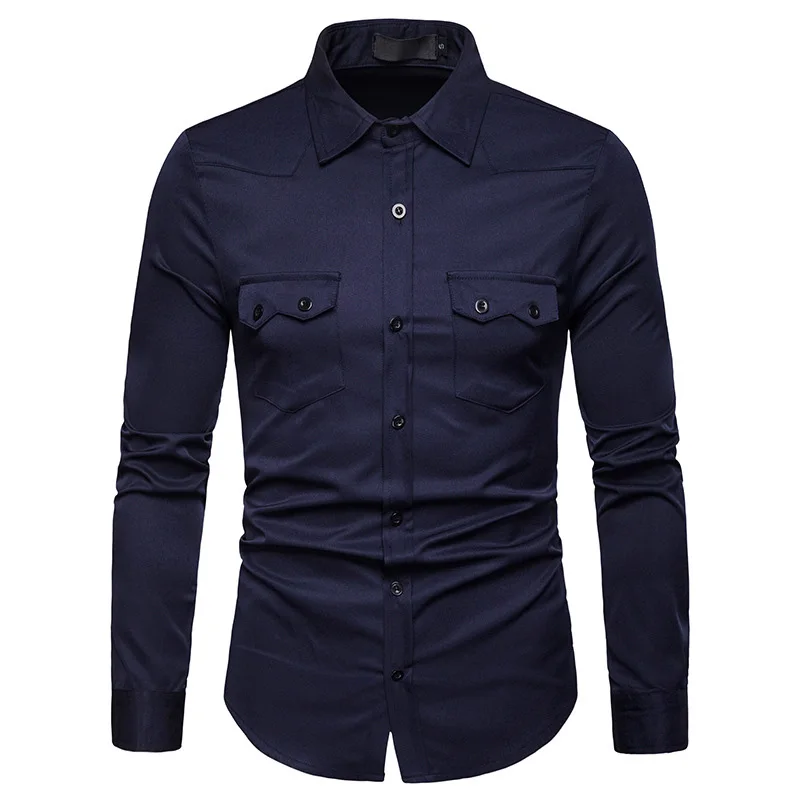 Бренд Whie, мужская рубашка,, модная, с двумя карманами, дизайнерская, с длинным рукавом, рубашка, мужская, приталенная, повседневная, светская рубашка, Chemise Homme