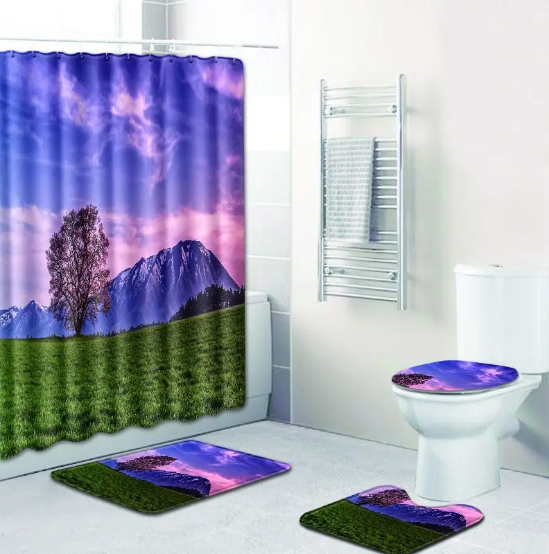 Bath Mats Bathroom Set Carpet Scape Shower Curtain Anti Slip Toilet Seat Covers 3D 4pcs Mat Accessories Home Decor | Дом и сад