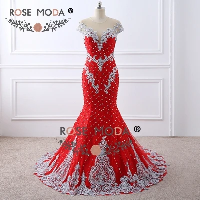 same as photo Rose Moda, роскошное Красное Кружевное платье русалки для выпускного вечера, украшенное бисером, с открытой спиной, ручная работа, 3D цветы, жемчужные пуговицы, официальное вечернее платье - Цвет: same as photo