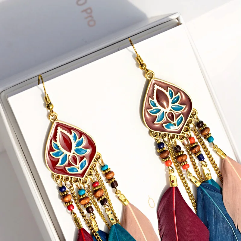 Женские серьги кисточки Lotus Jhumka Винтажные с перьями из турков цыганские
