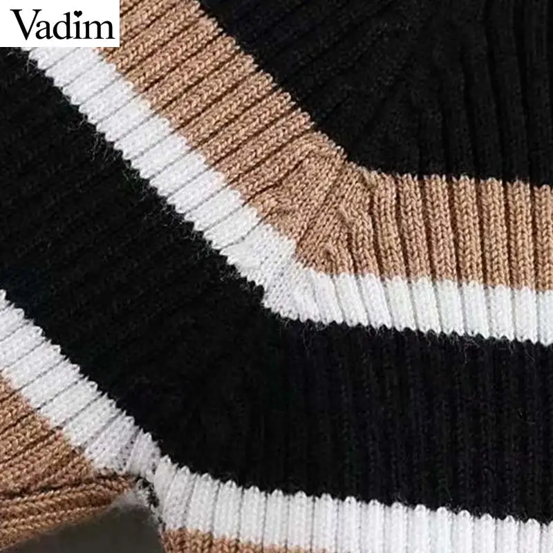 Vadim women chic striped knitted turtleneck sweater long sleeve stretchy pullovers vintage female casual basic tops HA322 | Женская