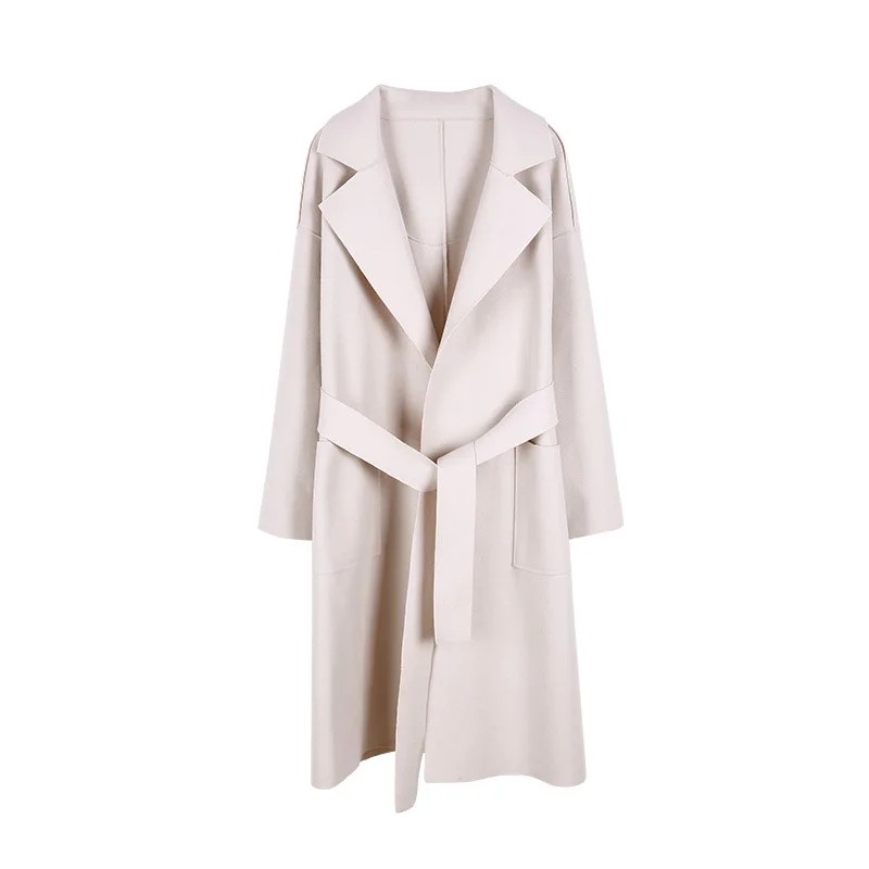 Повседневный тонкий длинный зимний модный шерстяной пиджак с поясом и отложным