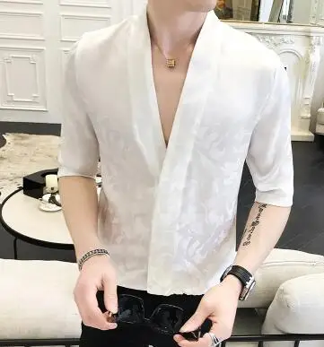 Розовые мужские шелковые рубашки, роскошные мужские рубашки Camisa Social Masculina, облегающие атласные черные рубашки, мужские Модные, японские летние мужские рубашки - Цвет: Белый