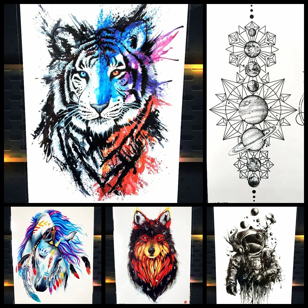 20 шт./партия акварельные наклейки Tiger Fox Wolf временные татуировки для мужчин и