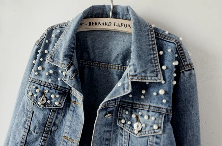 

2018 Elegant Beading Pearl Cowboy Jeans Jacket Women Long Sleeve Jackets Casual Spring Denim Jackets Tops