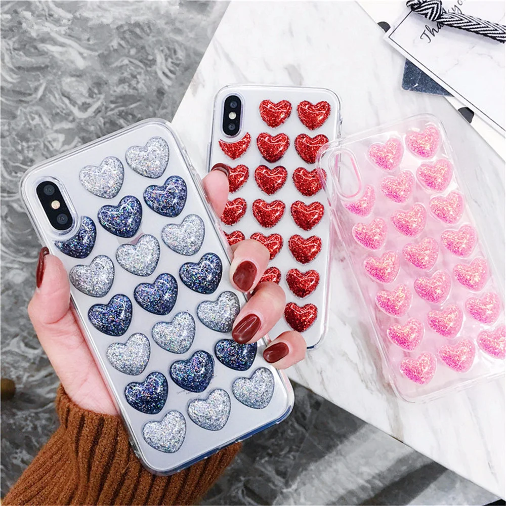 3D Блеск порошок Love Hearts мягкие кремния ТПУ прозрачный чехол телефона чехлы для iPhone