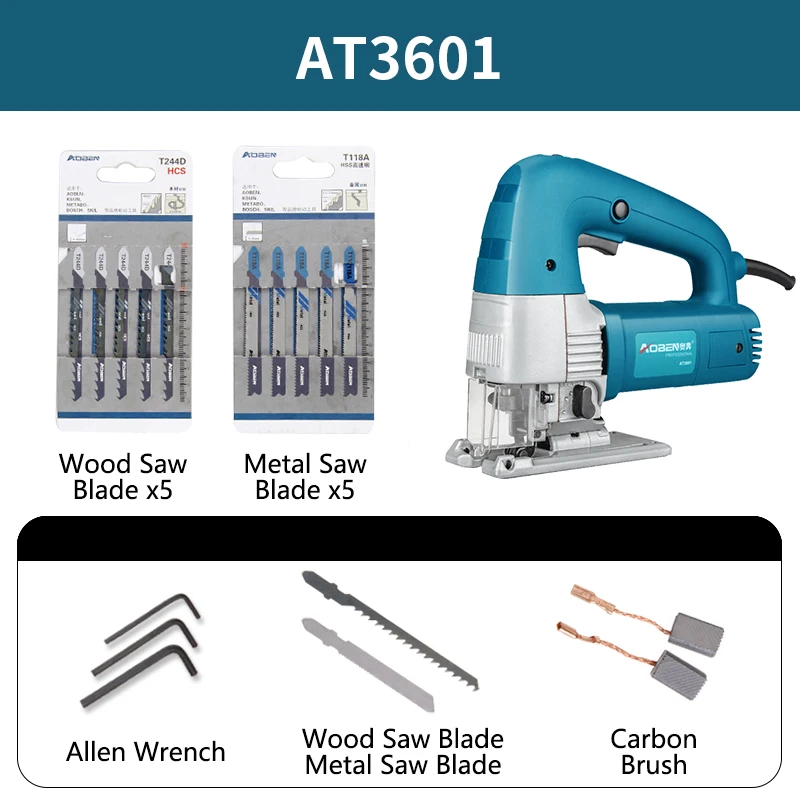 

AOBEN 500W Jig Saw Guide 6 Variable Speed Electric Saw 10 Pieces Metal Blades Allen Wrench Jigsaw Power Tools