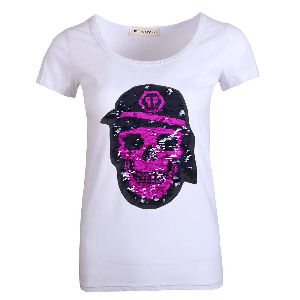 Двусторонние футболки с пайетками и черепами унисекс рубашка коротким рукавом