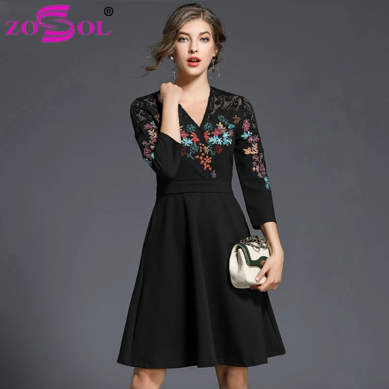 ZOSOL Spring New Women Embroidered Lace Party Dresses Vestidos High-End V-neck stitching Female Slim Vintage Black Dress 20 | Женская