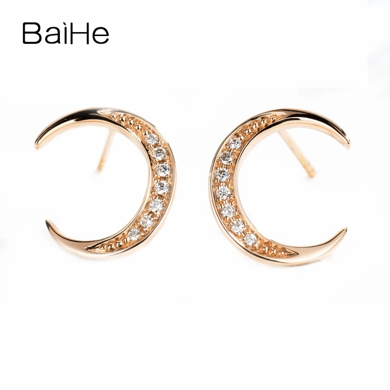 

BAIHE Solid 14K Rose Gold H/SI Natural Diamonds Moon Stud Earrings Women Men Wedding Trendy Fine Jewelry Making أقراط القمر