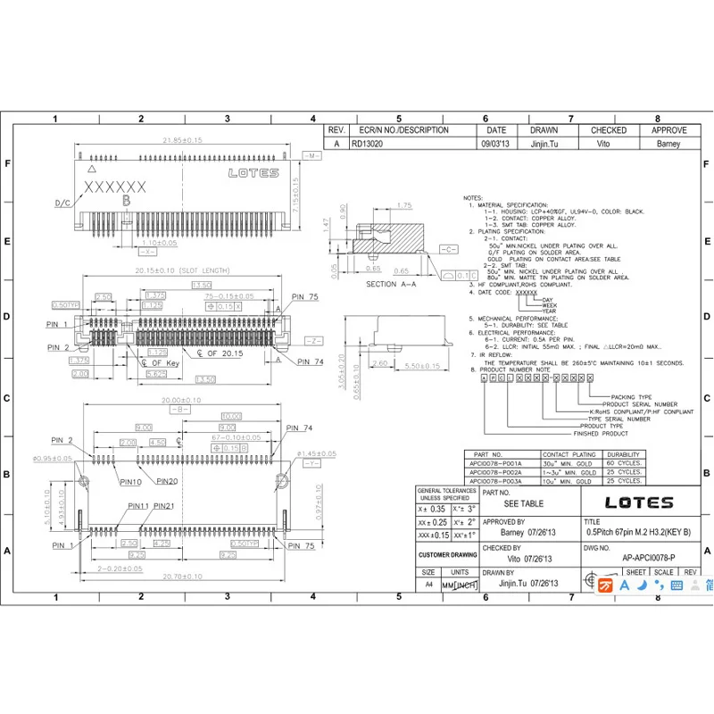 Разъем интерфейса M.2 67P B KEY H = 3 2 NGFF 10 шт.|Компьютерные кабели и разъемы| |