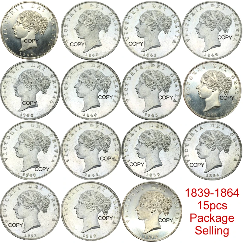 Великобритании 1839-1846 в посылка продано 1839 40, 41, 42, 43 размеры 44, 45 46, 48, 49, 50, 51, 1853 1862 1864 Cupronicke покрытая серебром копии монет