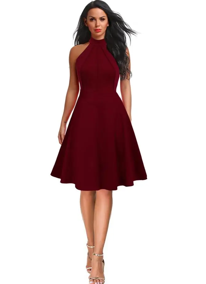 Бургундия Berydress, винтажное, женское, сексуальное, с бретелькой через шею, для свадебной вечеринки, Vestidos, без рукавов, борцовка спереди, белое, черное, ТРАПЕЦИЕВИДНОЕ, миди, приталенное платье - Цвет: Бургундия