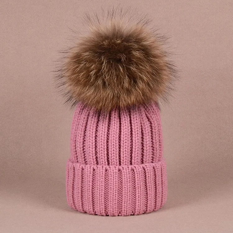 Leather Pink Натуральным лисьим Мех животных пипидастр мяч утепленная одежда зимняя шапка для женщин девушки вязаная шерстяная шапка шапочки кепки толстые ж - Цвет: Leather Pink