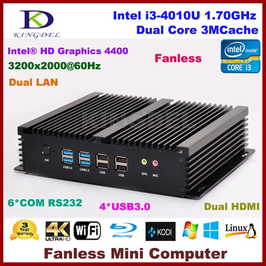 

Fanless htpc Intel Core i3 4010U, 2 HDMI 2 Gigabit LAN 6 COM rs232,WiFi 8G RAM+1T HDD micro computer NC310