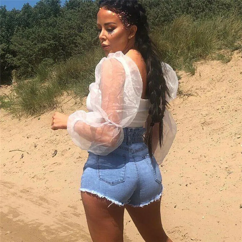 Women Summer Puff long sleeve Blouse tops fashion Sexy Strappy Slim crop top Clubwear Solid Sheer Organza Blusas Clothes Girls
