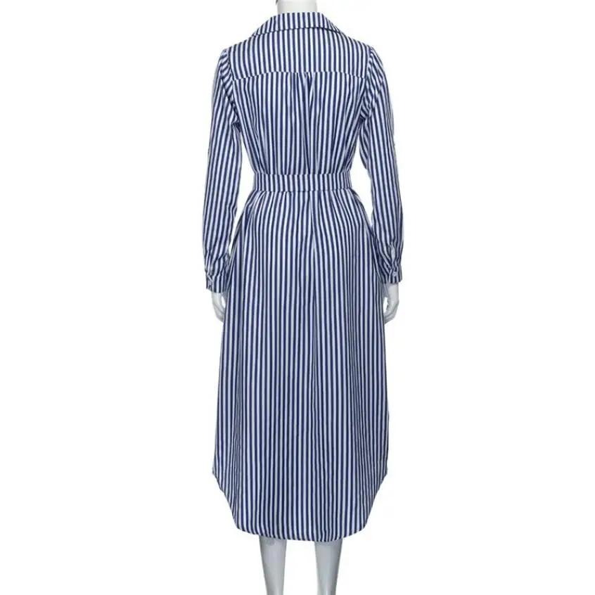 Женское Полосатое платье с поясом глубоким v-образным вырезом длинным рукавом