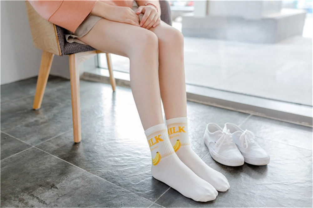 Новые женские носки без пятки ulzzang, молоко, клубника, банан, корова, соккен, для девочек, Осень-зима, рисунок с фруктами, молоко, теплые удобные хлопковые носки