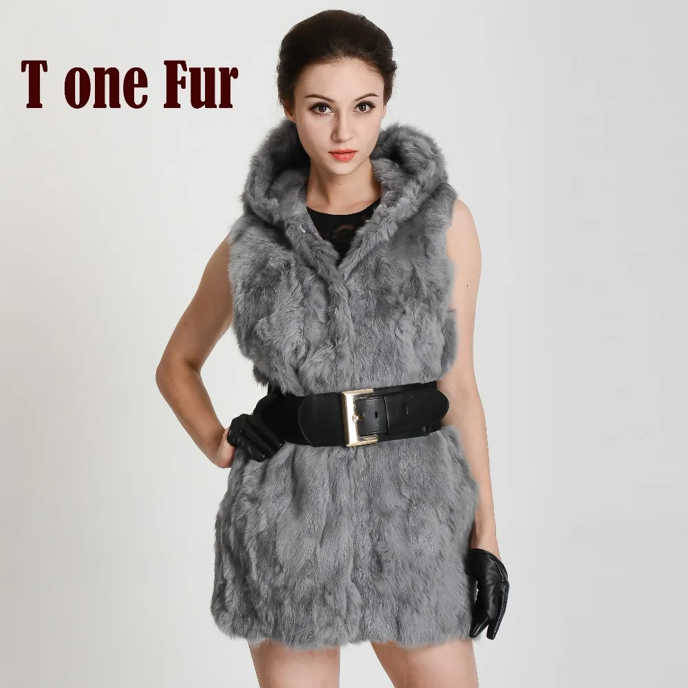 Женский жилет из натурального кроличьего меха зимний теплый с капюшоном