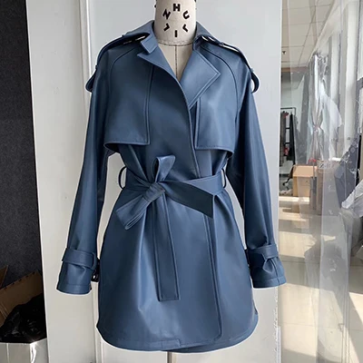 BLUE Куртка из натуральной/натуральной кожи для женщин размера плюс из натуральной овечьей кожи осенне-зимнее пальто для женщин новое поступление пояс европейский стиль - Цвет: BLUE
