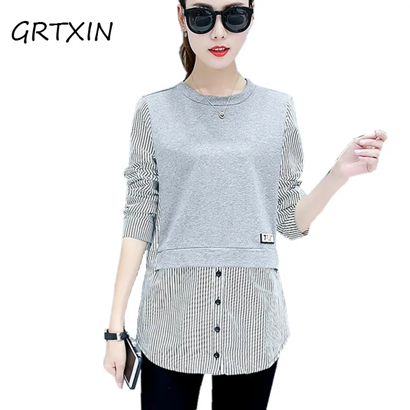 Блузка женская с длинным рукавом Повседневная рубашка в полоску пэчворк