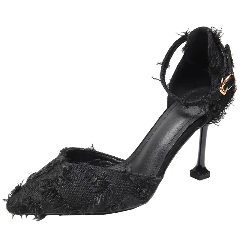 

Sexy Sandals Pumps Women Solid Shoes Casual Fashion PU Leather Pointed Toe Non-Slip 8cm Thin High Heels Party Female Shoes