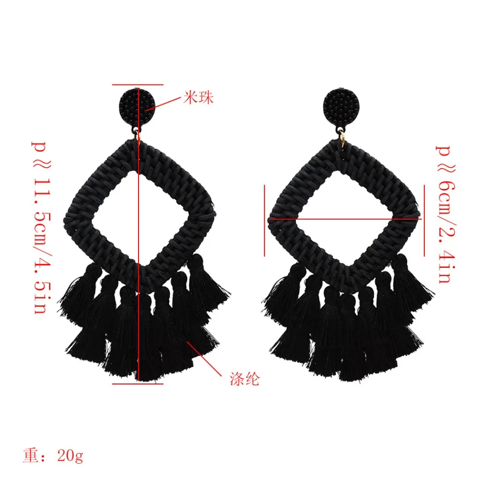 Bohemian Vintage Big Tassel Long Fringed Drop Earrings For Women Black Straw Resin Bead Pendientes Oorbellen Lady Gifts Jewelry | Украшения