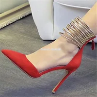 ALMUDENA Women Sexy Gold Metallic Ankle Strappy Dress Pumps Red Black Suede Pointed Toe High Heel Shoes Shallow Cut Shoes